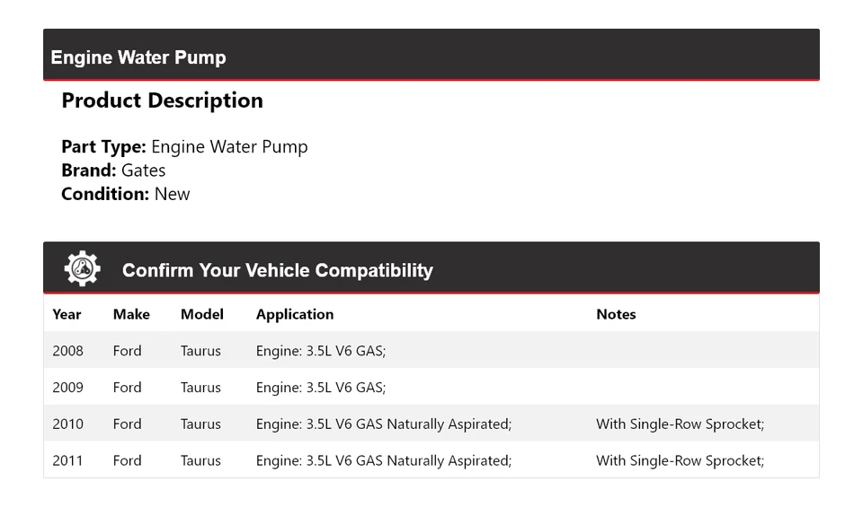 Puertas de bomba de agua para motor Ford Taurus 2008-2011 2009 2010 Foto 2 de 4