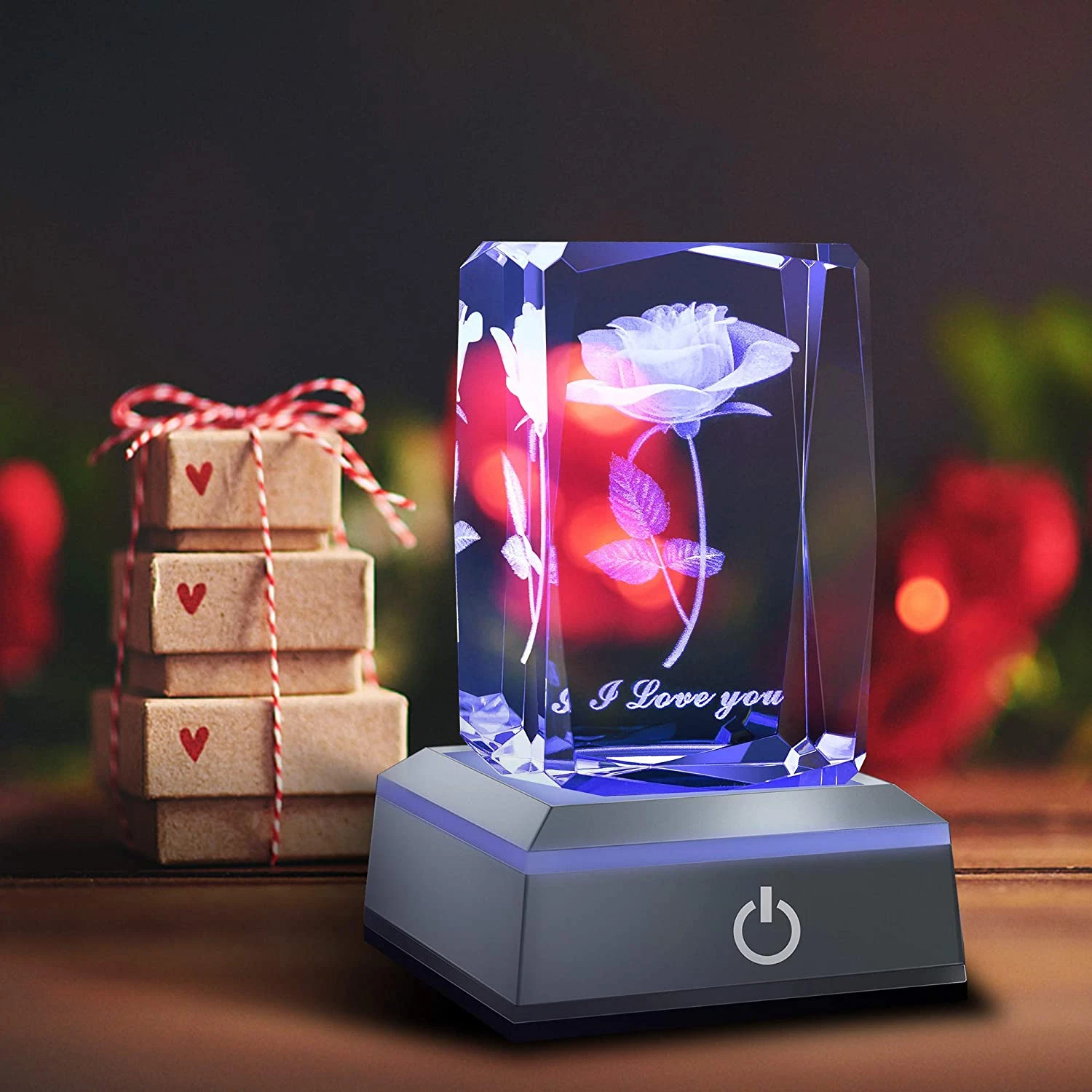 3D Rose Crystal Multicolor Nightlight - I Love You - Perfect Valentines Day Gift