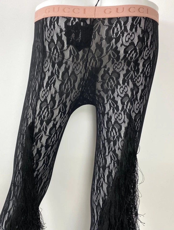 Gucci NWT $650 Small Black Ozil Stretch Sheer Floral Lace Tights Fringe Auth - Image 4 of 4