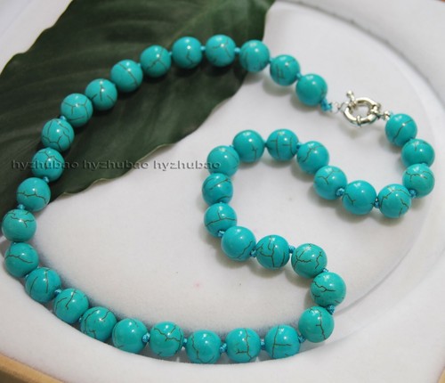 10mm Round Blue Turquoise Gemstones Beads Necklace + Earrings Jewelry Set AAA - Picture 3 of 6
