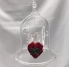 Vtg Clear Glass Angel Dove Bell Ornament w Red Heart 