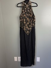 Vintage Laurence Kazar Black Gold Beaded Halter Evening Gown Dress XL 80s Glam