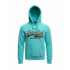 Superdry Real Logo Hoodie Turquoise Teal Pullover Hooded Sweatshirt Men L