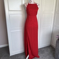 PrettyLittleThing Ladies Red Dress Uk8 Full Length Front Split Strappy Top Zip
