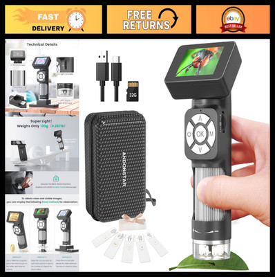 Portable Pocket Microscope Kit for Kids & Adults - 2'' LCD, 8 LED Lights, 32GB SD