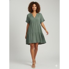 Gap Womens Green Crinkle Gauze Tiered Mini Dress V-Neck Pockets New SZ L