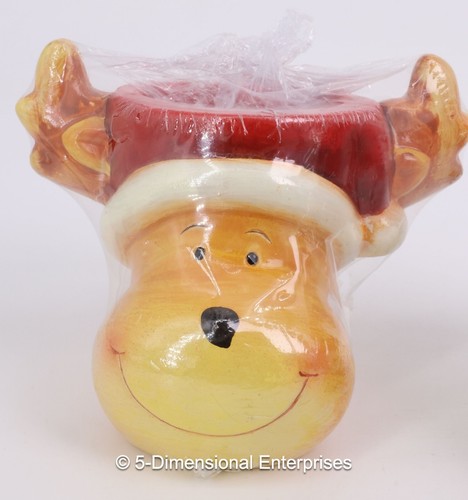NEW Ceramic SNOWMAN & REINDEER HEADS Tealight Candle Holders RED TOPS 3 1/2 in - Picture 2 of 8