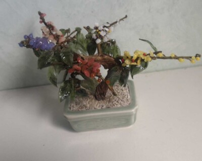 Geschnitzte Glasblüten/Blätter Bonsai Skulptur Baum   Seladon glasierter Topf 6'' hoch