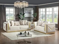 NEW 2PC Cream Beige Gold Sofa Loveseat Velvet Luxe Contemporary Living Room Set