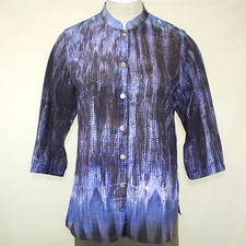 Citron Plus Clothing Blue Ink Design Print Button Down Blouse 3X