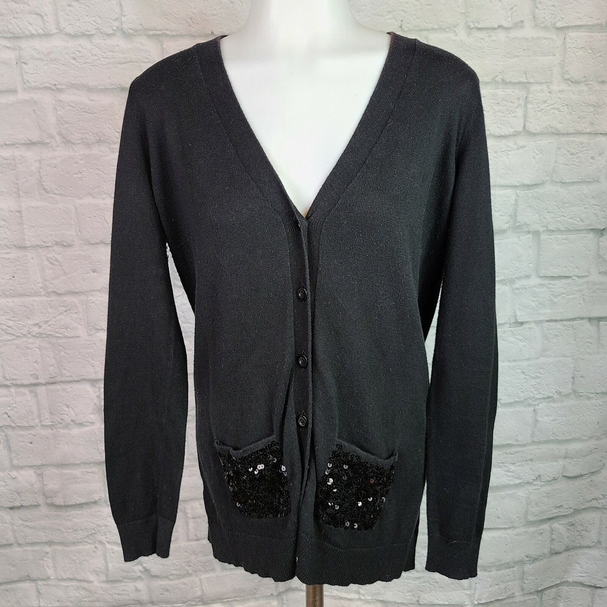LOFT Petite MP Cardigan Sweater Button Front Black Sequin