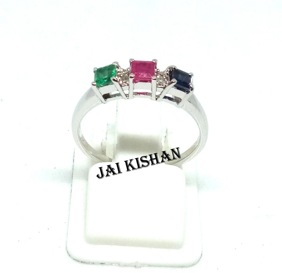 Anello In Argento Sterling 925 Con Gemme Di Smeraldo, Rubino, Zaffiro E Diamante - Immagine 2 di 4