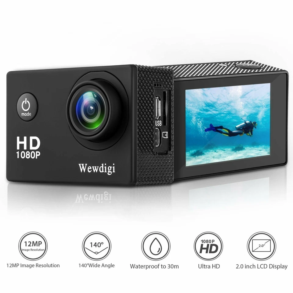 Wewdigi EV4000 Action Camera, 12MP 1080P 2 Inch LCD Screen, Waterproof 30M - Image 3 of 4
