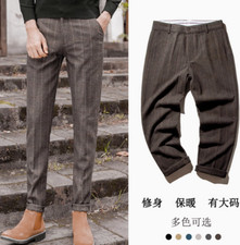 Men's Herringbone Tweed Pants Retro Trousers Slim Fit Wool Blend Straight Leg