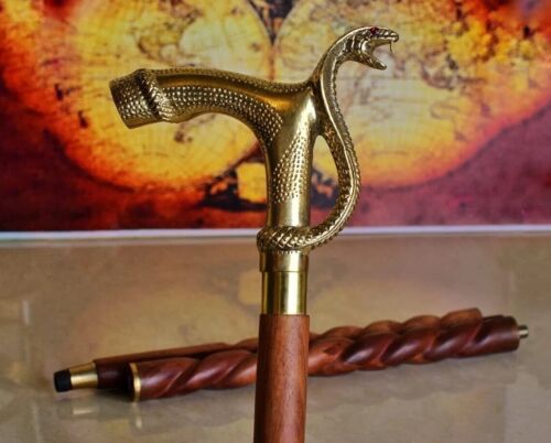 Brass Handle Walking Cane, Handcrafted Cobra Design Handle Walking Stick for Ro - Picture 1 of 6