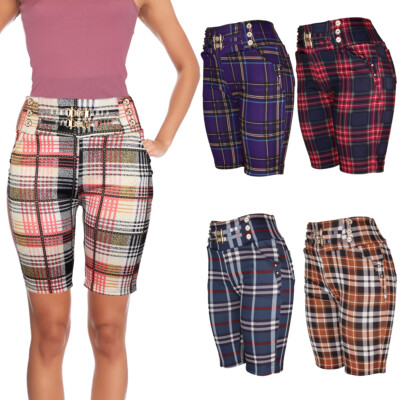 Women's Plaid Bermuda Shorts, 4 Pocket pull on summer Shorts w/Rhine Stone Trim