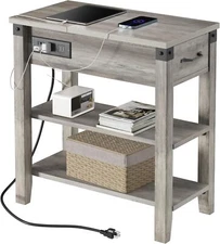 3-Tier End Table with Charging Station & Drawer for Living Room & Bedroom Gray