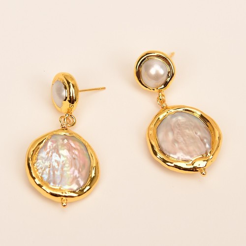 Cultured White Coin Pearl yellow Gold Plated Stud Earrings Dangle Lady Earrings - Picture 2 of 8