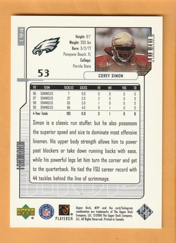 Corey Simon Florida State Seminoles 2000 Upper Deck MVP Silver Script #194 - Picture 2 of 2