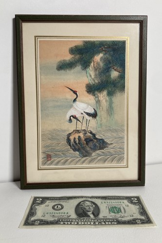 Vintage Original Miniature Oil Painting Japanese Cranes Evergreen Branch -Signed