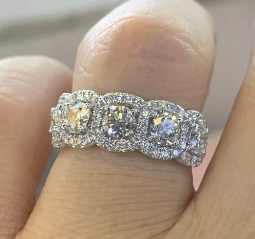 3Ct Round Cut Real Moissanite Women Eternity Wedding Ring 14k White Gold Plated