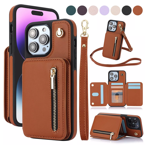 For iPhone 16 15 14 13 12 11 Pro Max Leather Card Wallet Crossbody Strap Cover