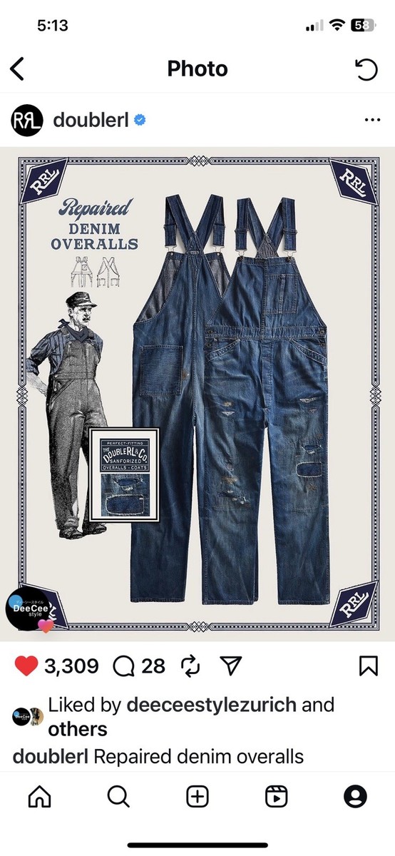 RRL Double RL Ralph Lauren Repaired Indigo Denim Overalls RRL Double RL Ralph Lauren Repaired Indigo Denim Overalls