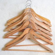 8 SOLID WOOD CLOTHES HANGERS SUIT / DRESS NEARLY 18" WIDE 9.5" HIGH COLLEGE DORM