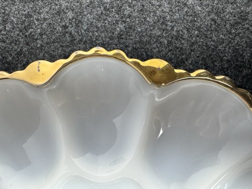 Vintage Anchor Hocking Milk Glass 10” Deviled Egg Platter Gold Trim Holds 12 - Picture 5 of 8