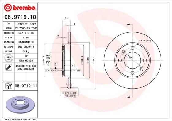 Kit freinage arrière pour entretien Peugeot Citroën avec disques Brembo 08.9719.11