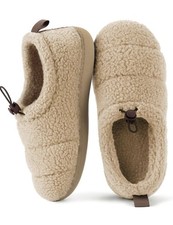 RockDove Women's Sherpa Fleece Slip-On Slippers, Beige, Drawstring, Non-Slip