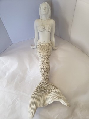 PLASTER RESIN LONG SITTING CREAMY WHITE MERMAID COVERED WITH WHITE ROSES STATUE 