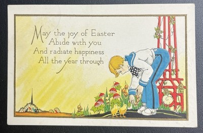 Vintage 1946 Illustration Postcard Embossed Easter Boy Garden Trellis