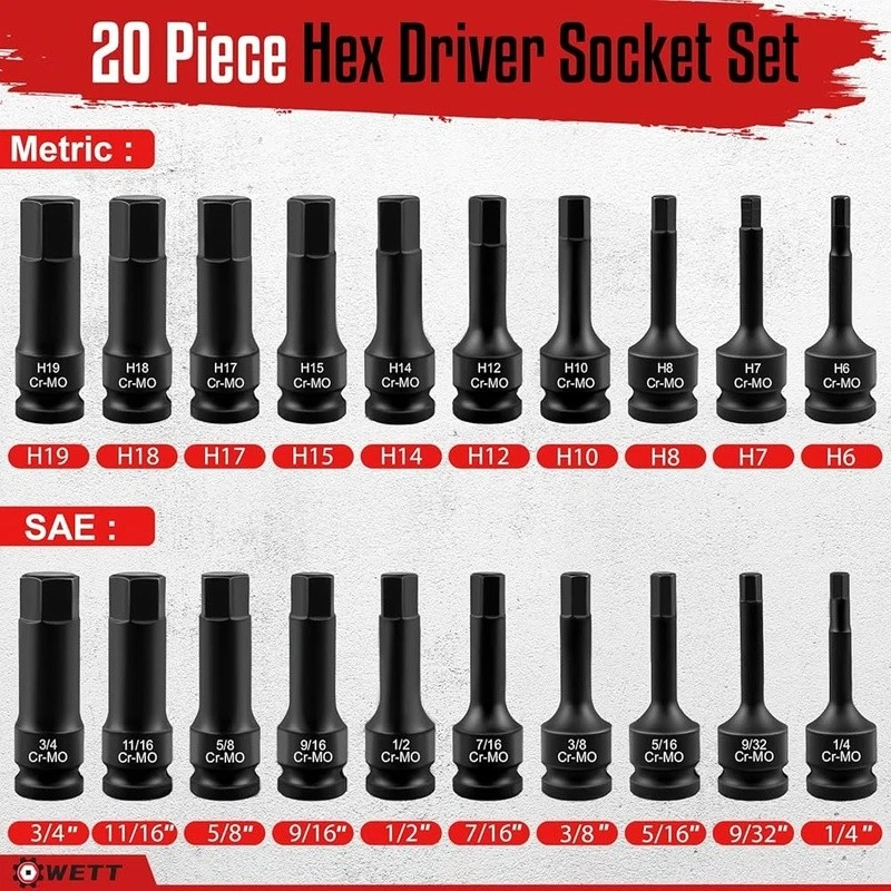 1/2 Drive Master Impact Hex Bit Socket Set 20 Pieces SAE Metric Tools Carry Case - Image 3 of 4
