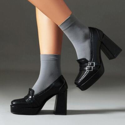 【PORTERNA】Hills square line heel loafers Womens Square Toe Chunky Heels Loafer Platform High Heel