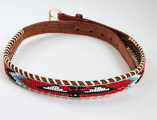 Vintage Southwest Thunderbird Leather Belt Seed Bead 28"