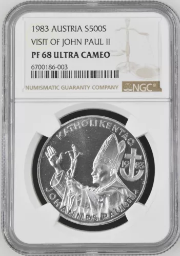 1983 Austria Proof 500 Schilling Silver - Pope Jaun Paul II Visit - NGC PF 68 UC