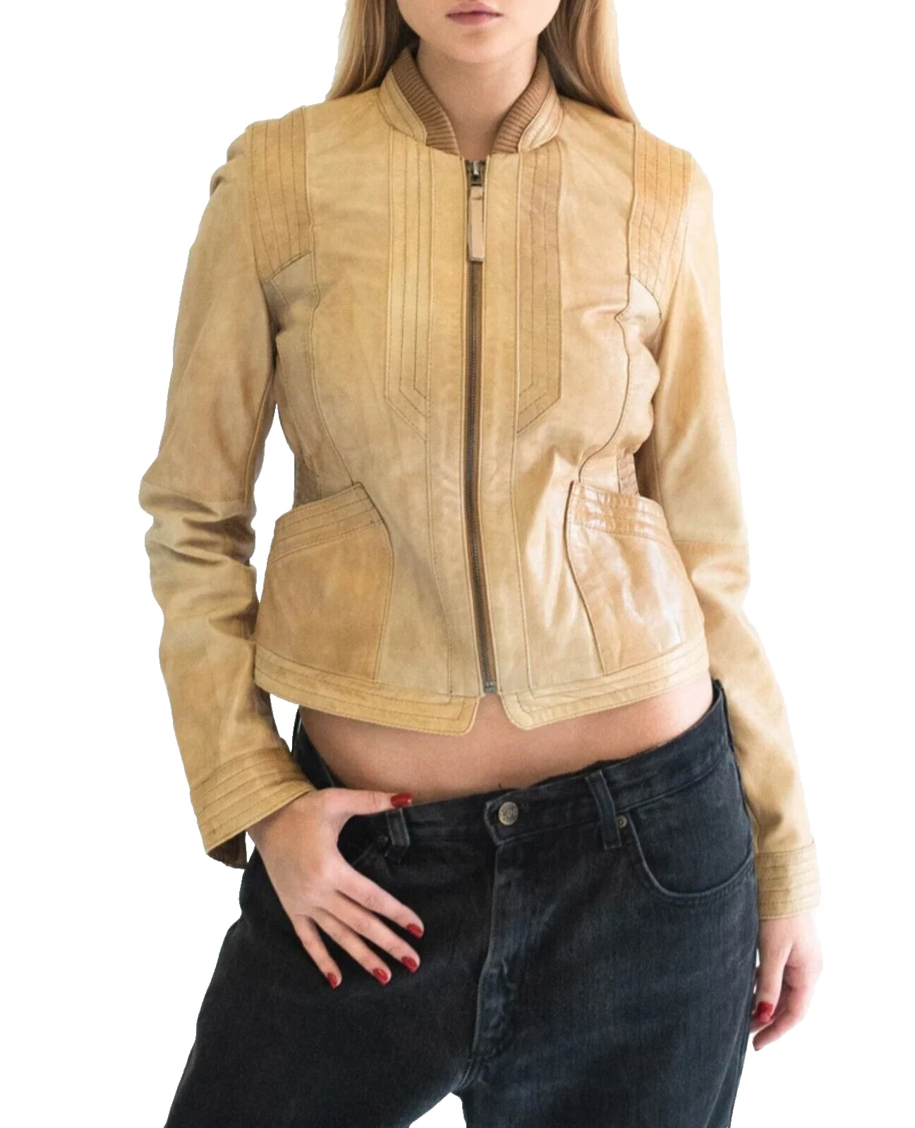 RARE ZARA Vintage Real Soft Leather JACKET Size Small Tan Brown Coat Moto Style