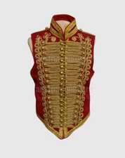 Men's Military Hussar Red Custom Made Waistcoat with Gold Braiding-Brass Buttons