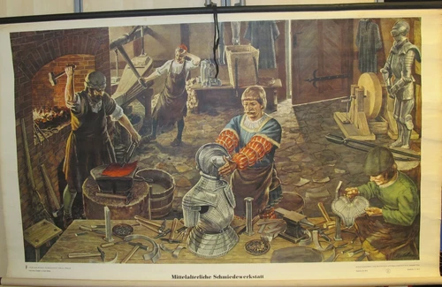 School Wall Art Scroll Picture - Medieval Blacksmith Workshop - People and Knowledge