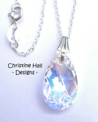 CHRISTINE HALL DESIGNS Sterling Silver Swarovski Elements CRYSTAL AB Pear Teardrop Xmas Necklace + Box