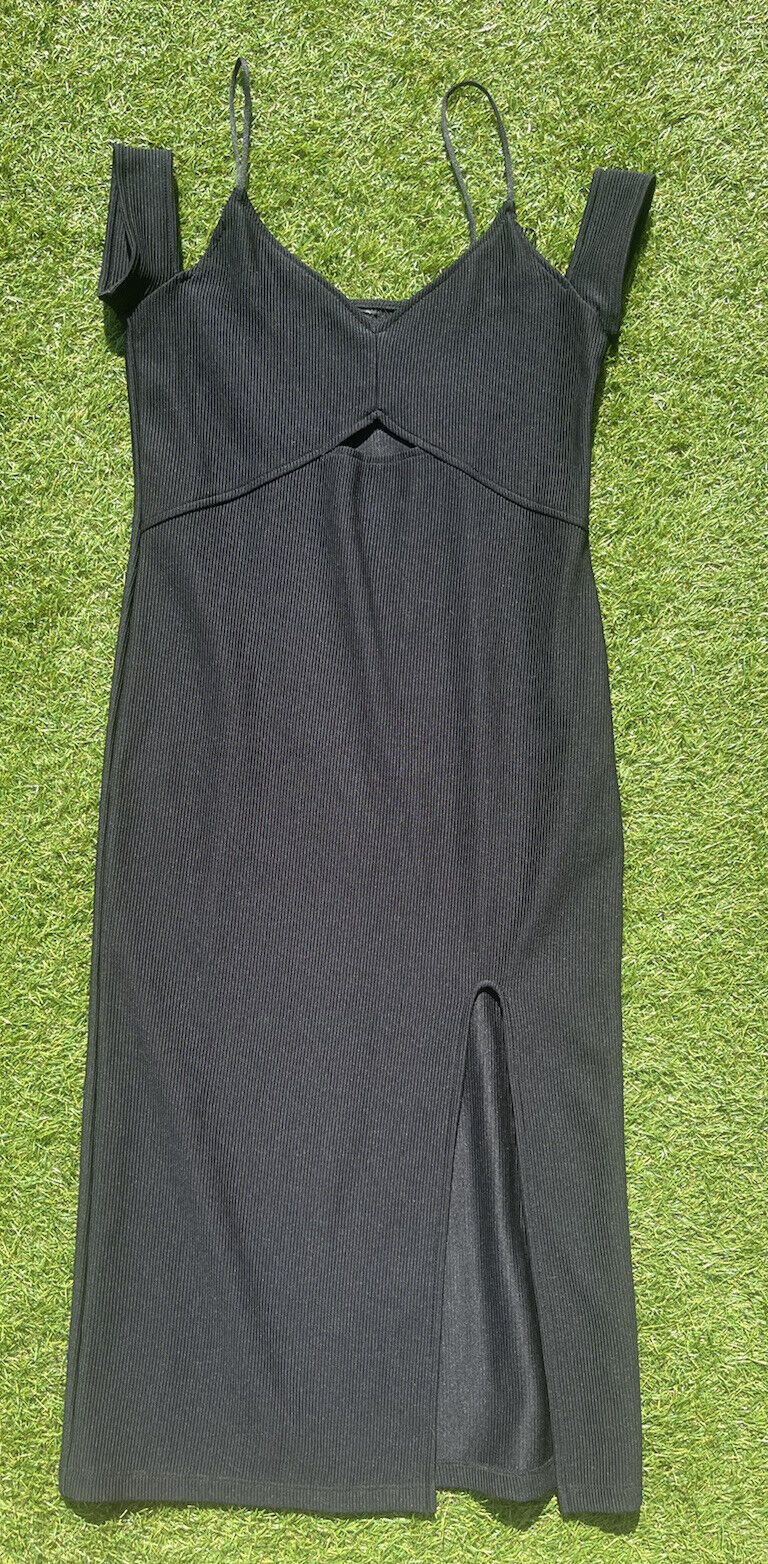 Midi Bodycon Dress TOPSHOP Women's Black Cold Shoulder Striped UK10 Strappy 