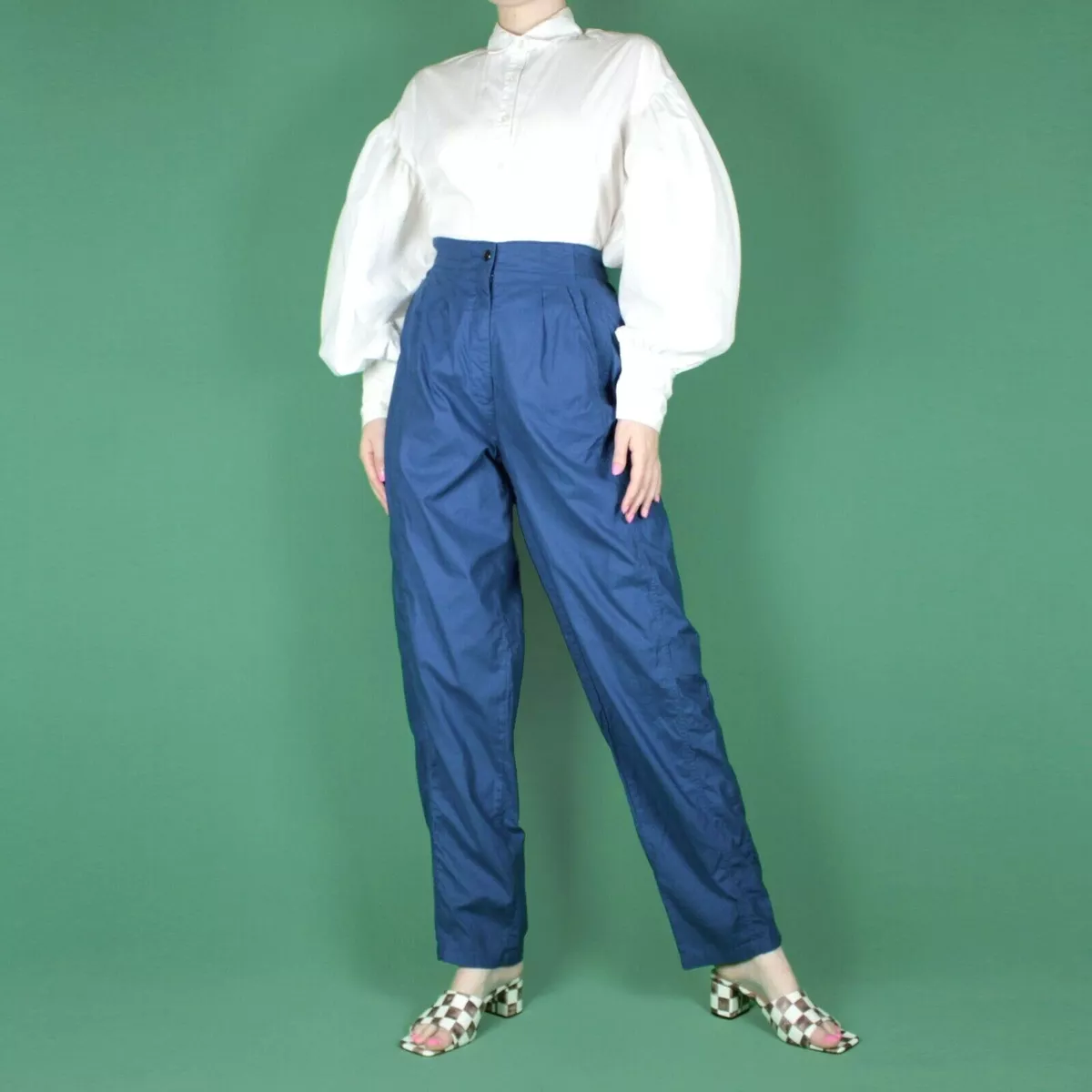 VINTAGE 80s 90s Blue Cotton High Waist Womens Pleat Grunge Trousers Pants S  8 10