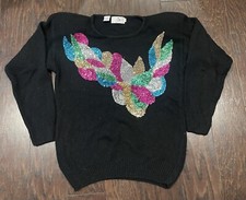 Vintage 80s Sweater Black Silk Angora Pullover Sequin Women Size Medium
