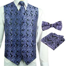 Purple / Black Paisley Tuxedo Dress Vest Waistcoat  Neck tie  Bowtie And Hanky