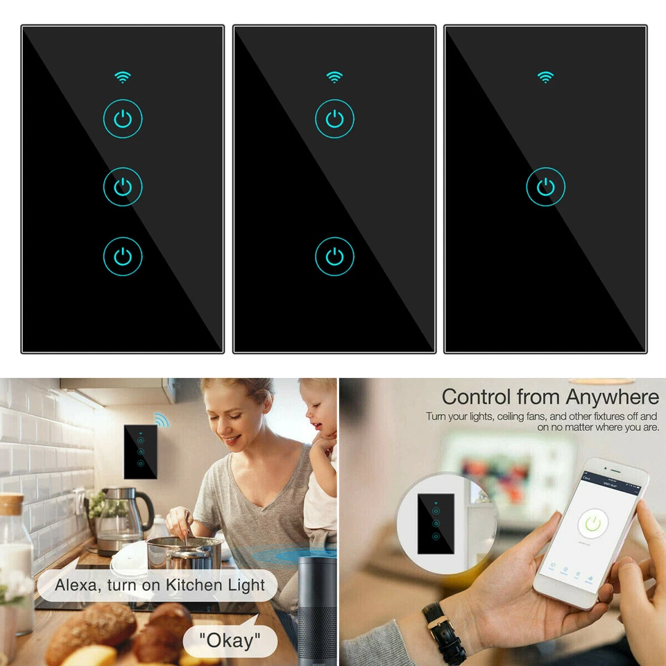 Умный настенный сенсорный выключатель света стеклянная панель 1/2/3 Gang WiFi подходит для Alexa/Google APP - Изображение 3 из 4