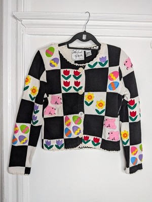 VTG Michael Simon Sweater Cardigan P/P Kitsch Easter 90s Grandmacore Novelty