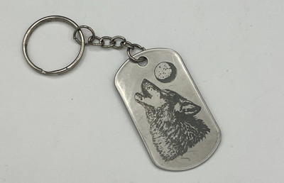 Laser Engraved Dog Tag Keychain Wolf and Moon design