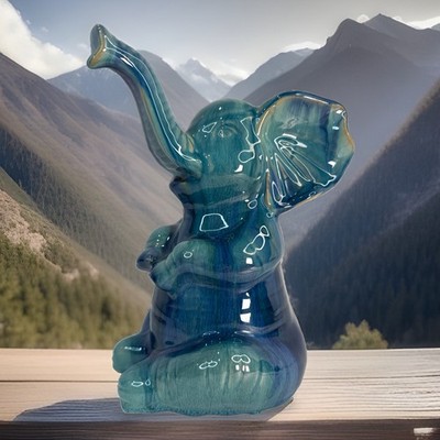 Ceramic Turquoise & Teal Blue Elephant Trunk Up 9 3/4  Tall