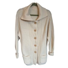 Cream Shawl Collar Knit Cardigan Sweater Longline Button Front Pockets Large/XL